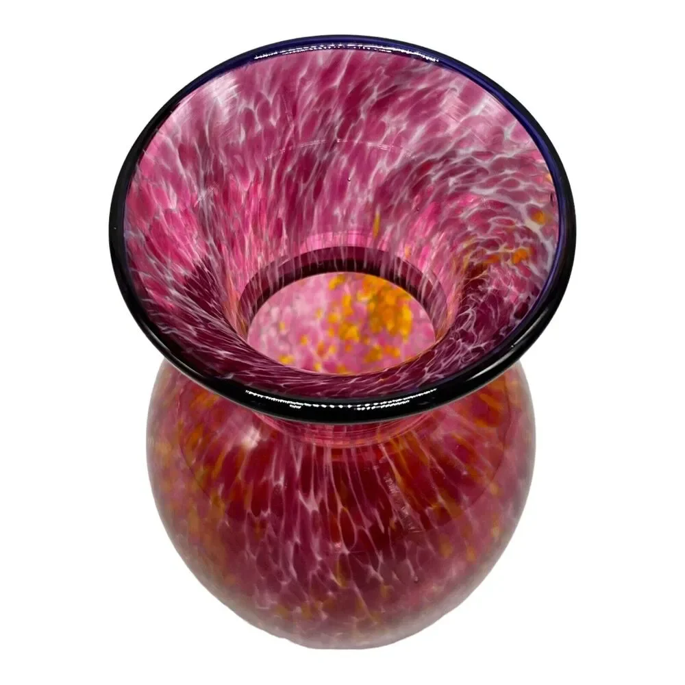 Cranberry Art Glass Confetti Vase‎ Hand Blown Tortoise Marbled Signed Brubaker